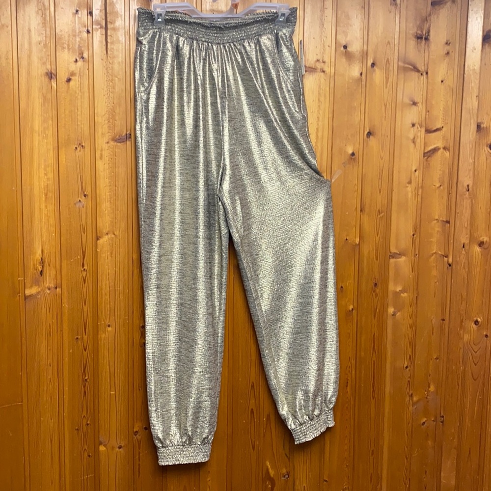 NWT ANTHROPOLOGIE WOMEN'S SIZE M JOGGERS GOLD ELASTIC WAISTBAND PARTY PANTS !